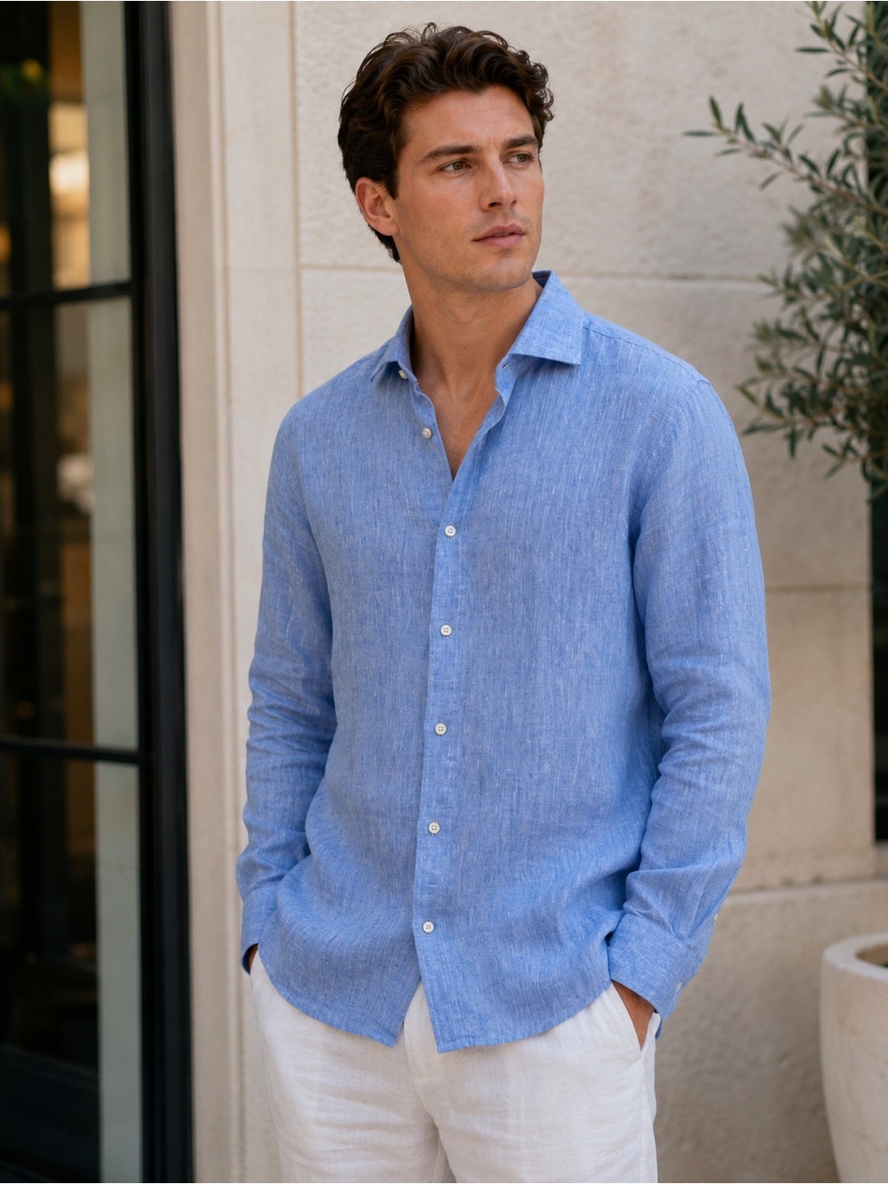 Made in Italy Light Blue Men's 100% Linen Button-Down Shirt